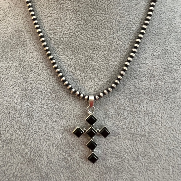 ❤️ Black Onyx Cross Sterling Southwestern Navajo Six Stone 1.84”L Pendant 4.9G - Picture 3 of 14